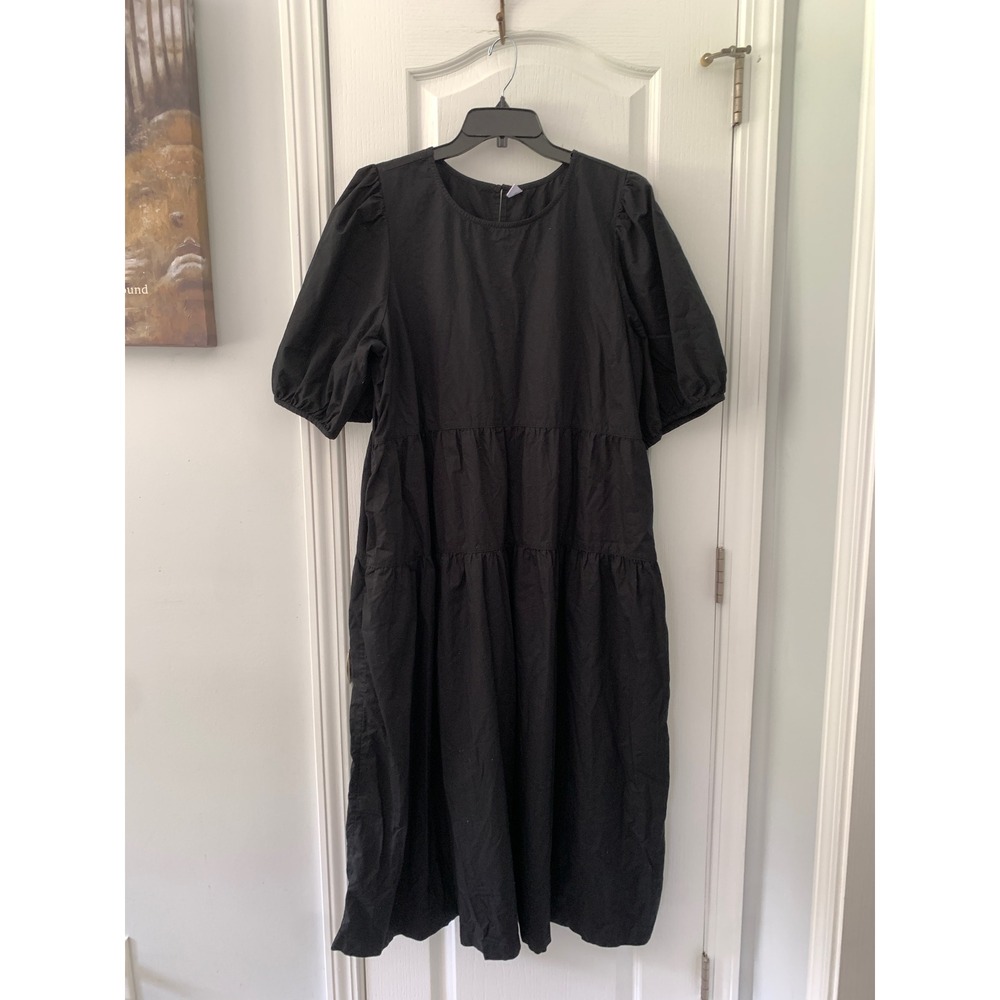 Old‎ Navy Womens XXL Black Cotton Poplin Tiered Puff Sleeve Midi Dress w Pockets